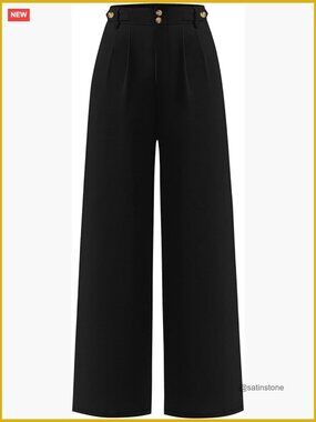 High Waisted Wide Leg Dress Pants, Pleated Front with Button, 100% Polyester